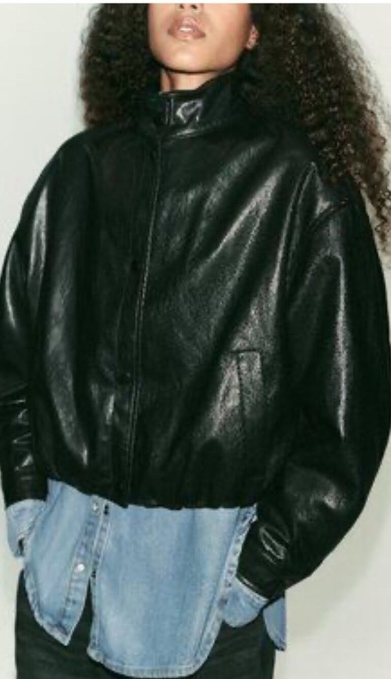 Zara Black Bomber Jacket Faux Leather Jacket Size L Funnel Neck Buttons